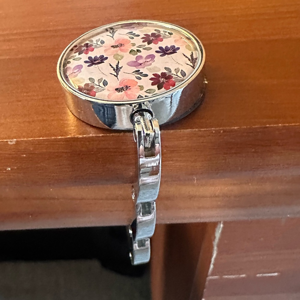 Silver Floral Purse Hook with Pink and Purple Flowers Portable